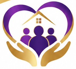 Logo de Ivonne Calcedo Senior Support: corazón morado, familia y manos doradas